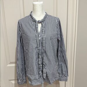 J. Crew Striped Blue and White Button Up With Tie Woman’s Poplin Cotton Size M